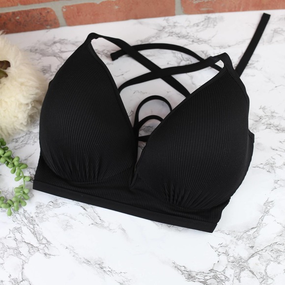 Shade & Shore Black Ribbed Push-Up Bikini Top 36DD